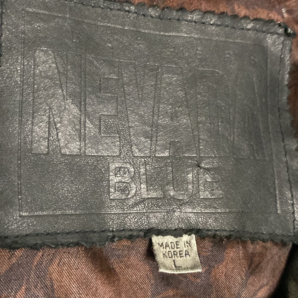 Vintage Nevada Blue Black Cut Design Pattern Leather Jacket Size L - Picture 2 of 12